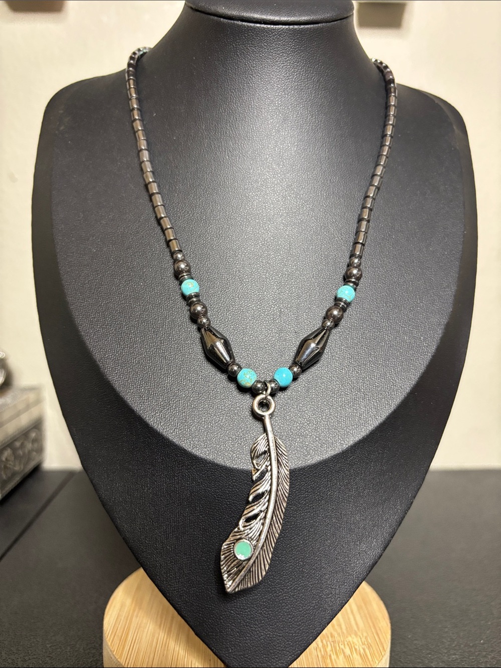 Hematite Silver Feather Pendant Necklace Turquoise Beads Western Boho